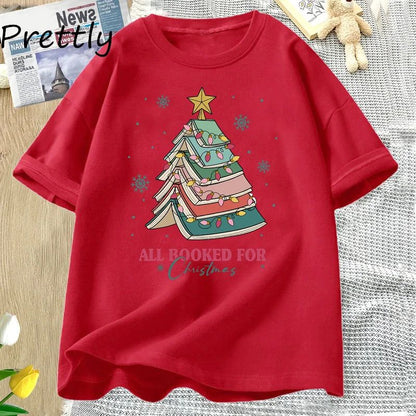 Book Tree Christmas T Shirt All Booked for Christmas T-shirt for Book Lover Librarian Teachers Tees Bookish Cotton Tshirt