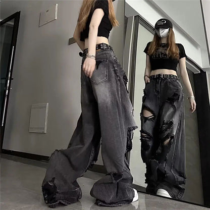 Unique Cool Ripped Jeans Women's Summer Distressed American Style Bell Bottoms Loose Fit Versatile Straight Leg Long Pants