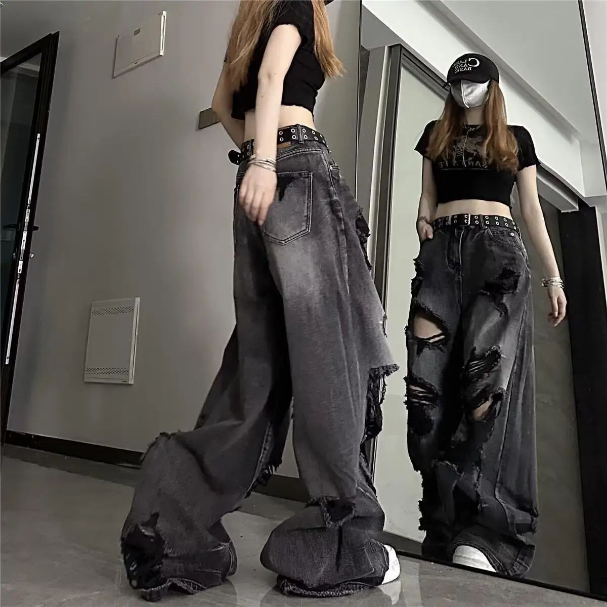 Unique Cool Ripped Jeans Women's Summer Distressed American Style Bell Bottoms Loose Fit Versatile Straight Leg Long Pants
