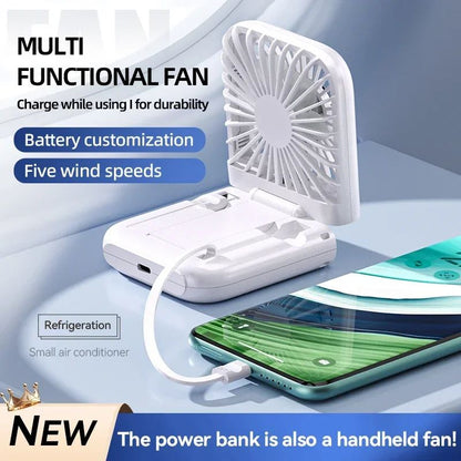 Folding Mini Cooling Air Fan Mobile Phone Holder Power Bank 3000mAh USB Rechargeable Cooling Handheld Desktop Fan with Lanyard