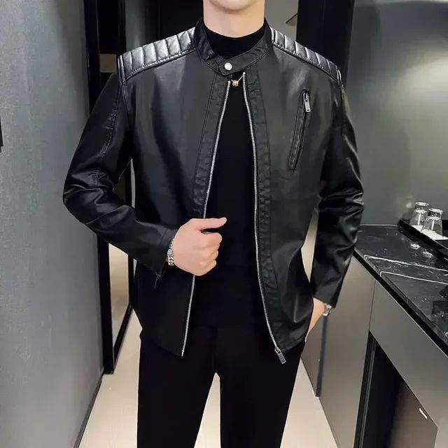 Stand Collar Solid Color White Black Leather Jacket Zip Up PU Coat Men's Motorcycle Leather Jacket Male Spring Autumn Casual