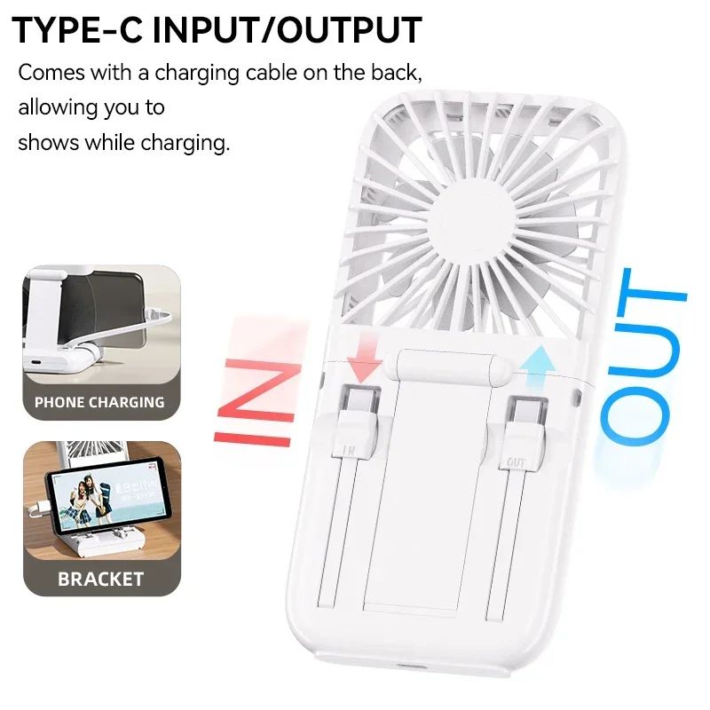 Folding Mini Cooling Air Fan Mobile Phone Holder Power Bank 3000mAh USB Rechargeable Cooling Handheld Desktop Fan with Lanyard