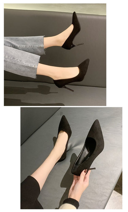 High Heels Women's New Women's Shoes Pointed Shallow Mouth Single Shoes Fine Heel Suede Black Fashion Shoes Women Large Size