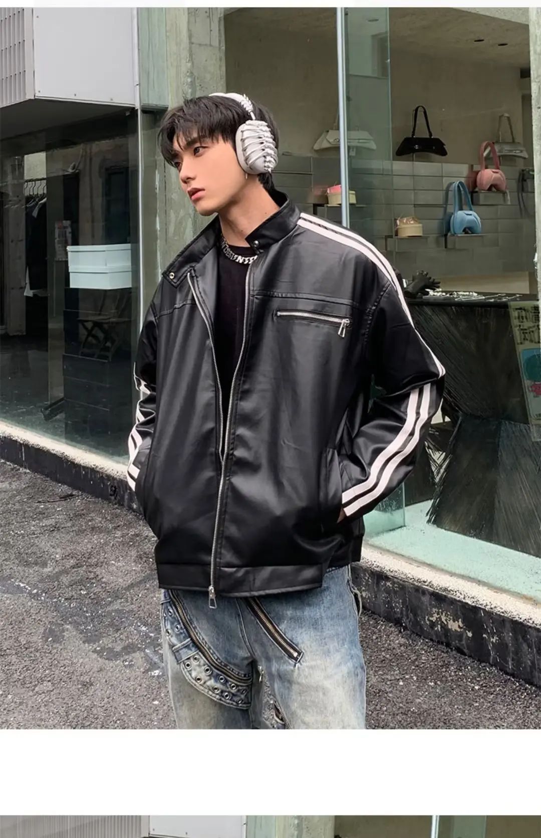 Retro Leather Jacket Men Women  American Patchwork Strip Racing Outerwear Loose Hip Hop Zippers Brown PU Coat Streetwear Spring