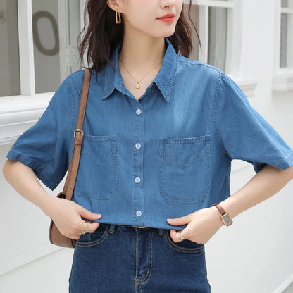Vintageblueshort Sleeves Thin Denim Shirt 2024 Summer New Casual Loose-Fit Hong Kong Style Petite Top For Women