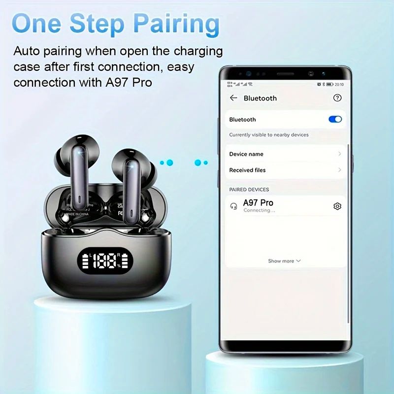 Fone de Ouvido Sem Fio UYUXIO com Cancelamento de Ruído de 40dB Bluetooth 5.3 Fone ENC com Display LED Fones de Ouvido TWS HD Modo Transparência