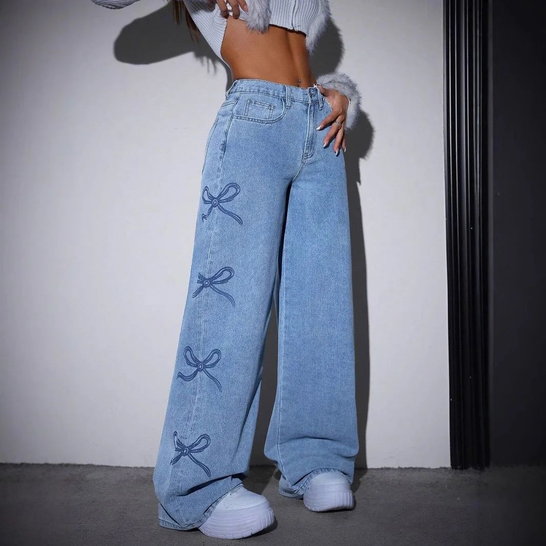 Denim Pants Women Bow Print Jeans High Waist Washed Distressed Straight Trousers Vintage Floor Length Streetwear Wide Leg Pants
