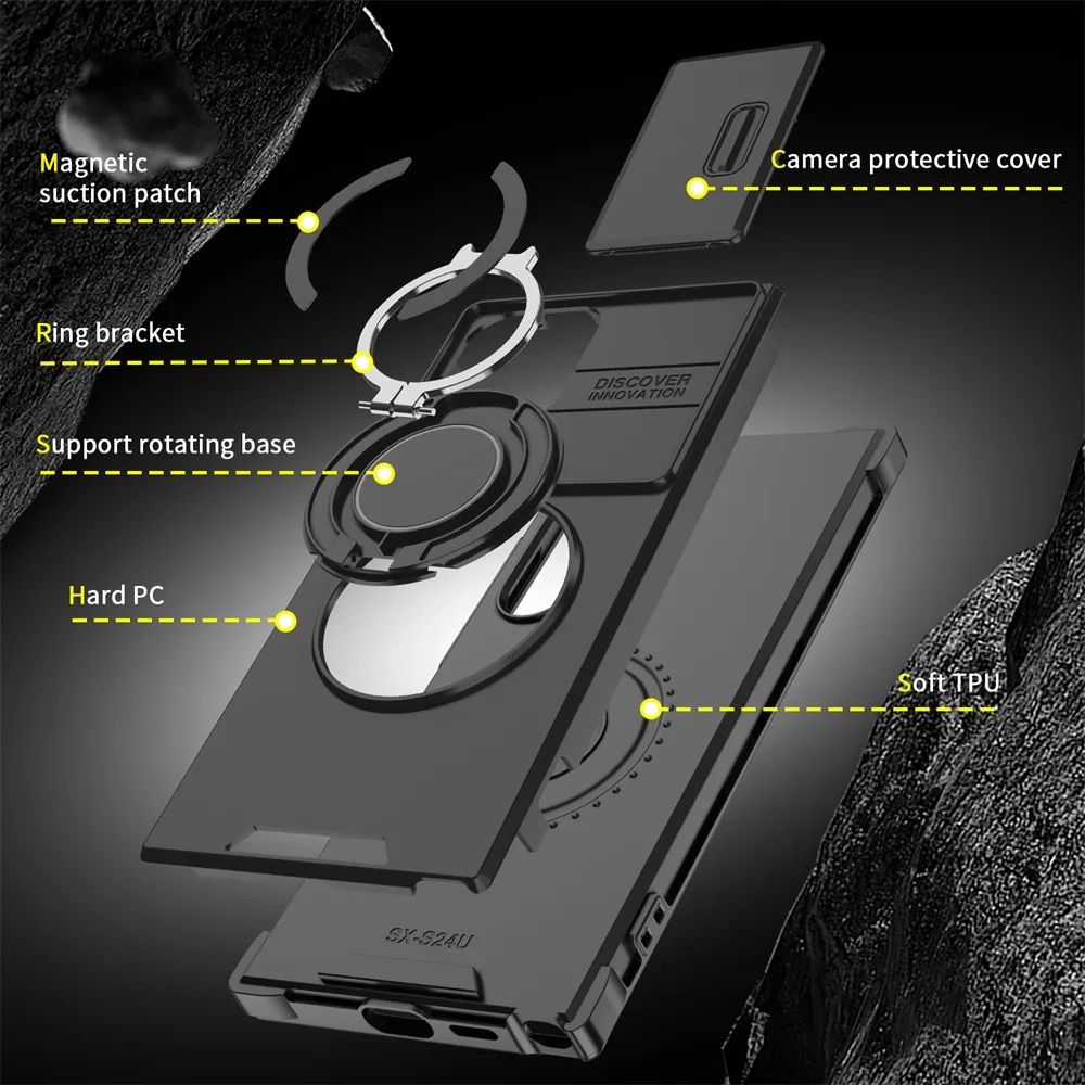 Capa Armor com Suporte Magnético para Samsung S25 S24 S22 S21 S23 S20 Ultra Plus FE com Proteção de Câmera Deslizante e Antichoque