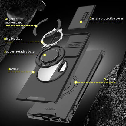 Capa Armor com Suporte Magnético para Samsung S25 S24 S22 S21 S23 S20 Ultra Plus FE com Proteção de Câmera Deslizante e Antichoque