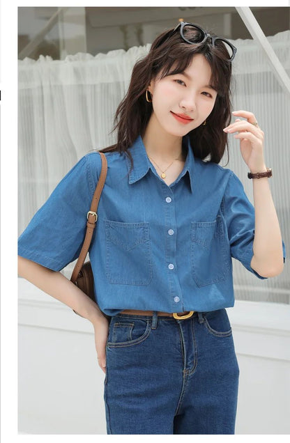 Vintageblueshort Sleeves Thin Denim Shirt 2024 Summer New Casual Loose-Fit Hong Kong Style Petite Top For Women