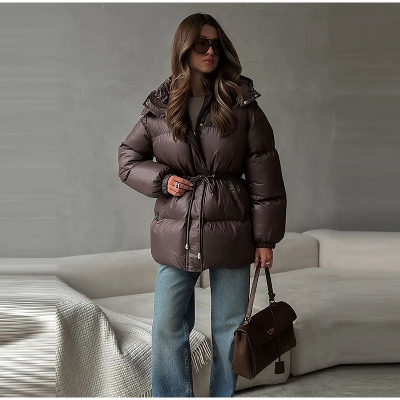 Glossy Shiny Women 's Down Jackets Vintage Hooded Zipper Puffer Full Sleeve Jackets For Woman 2025 Woman Winter Coats Outwears