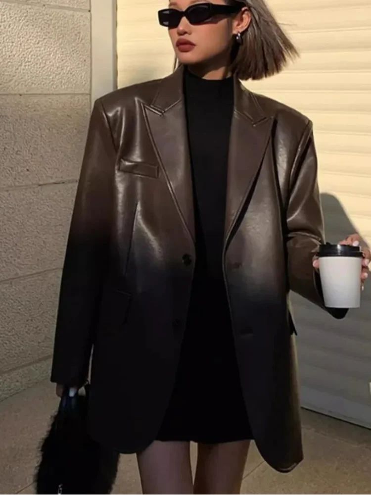 2025Brown /black soft PU leather  women jacket motorcycle long sleeve single breasted casual coat top for autumn high Streetwear