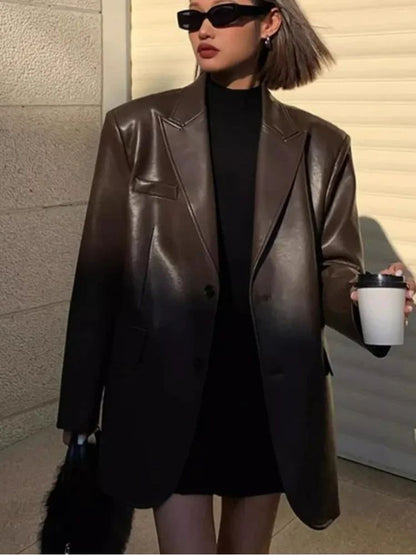 2025Brown /black soft PU leather  women jacket motorcycle long sleeve single breasted casual coat top for autumn high Streetwear