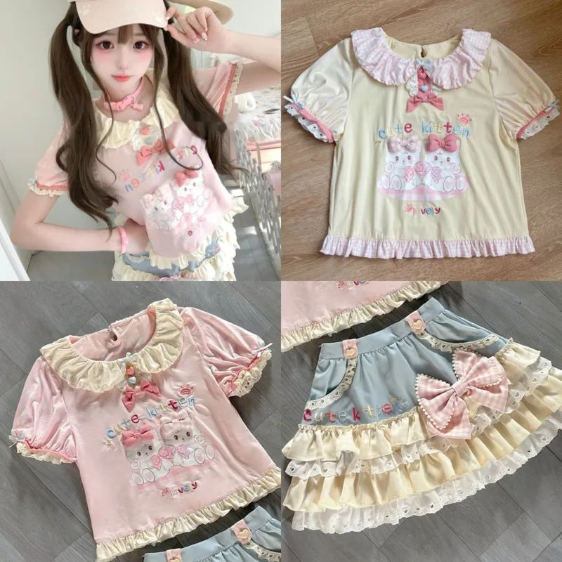 Y2K JK Lolita Japan Kawaii Girl Cute Sweet Lace T-shirt Lolita Print Tops Bow Cake Blouse  A-line Spliced Cake Skirt New Chic