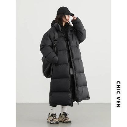 CHIC VEN Women Down Coats New Long Thick Warm Down Jackets Overcoat White Duck Down Loose Casual Jacket Autumn Winter 2023
