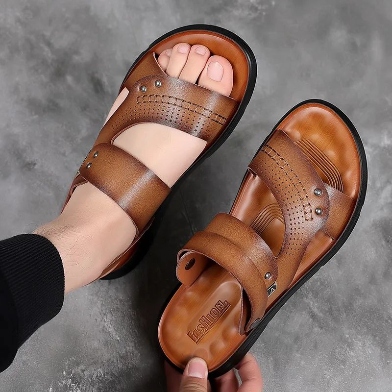 Men's Casual Trendy Soft Bottom Sandals 2024 New Design Real Leather Beach Shoes Slippers Anti-Slip Summer Shoes