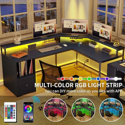 HOT-L Shaped Desk With Power Outlets  LED Lights, 67" Computer Desk With File Drawer, Corner Desk Home Office Desks