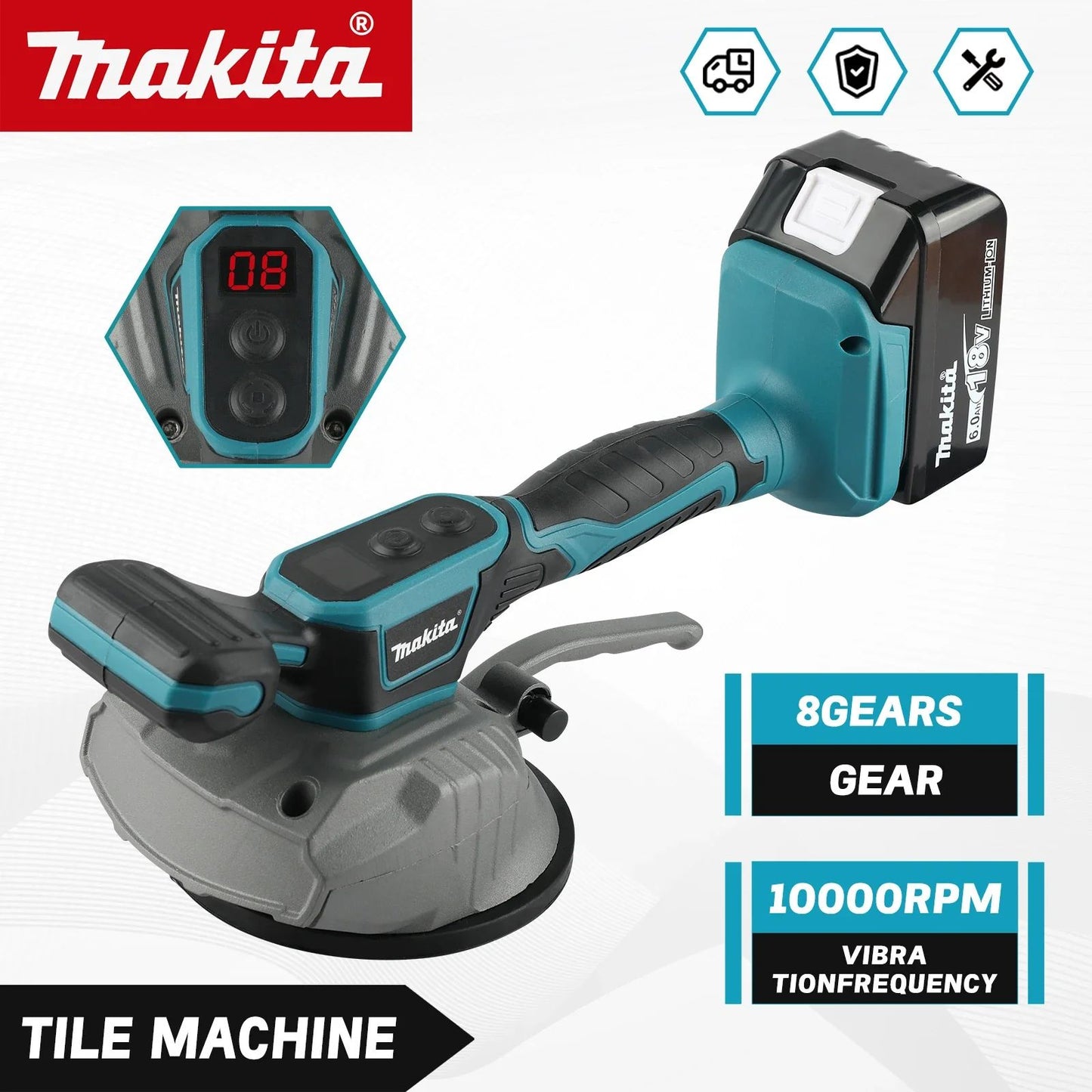 Nivelador de Azulejos Makita: 8 marchas, frequência de vibração de 10000 rpm, 7500 mAh, adequado para vários materiais, com display digital e fácil de usar