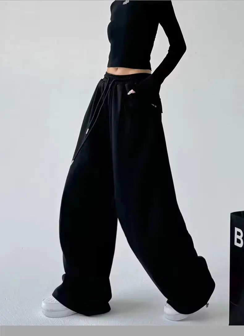 Calça Esportiva Cinza de Cintura Alta Solta Masculina Feminina Casual Perna Larga Calças Estilo Primavera Outono Confortável Moletom Roupa de Trabalho