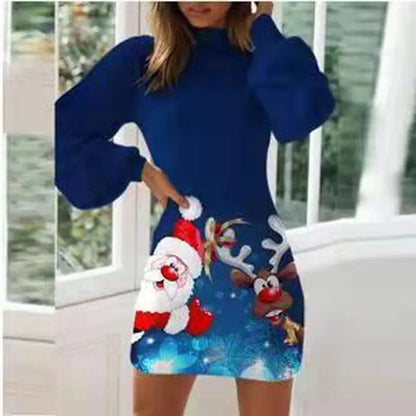 Vintage Christmas Printing Women Party Dress Autumn Fashion Half High Collar Lantern Long Sleeve Dresses Lady Bodycon Vestidos