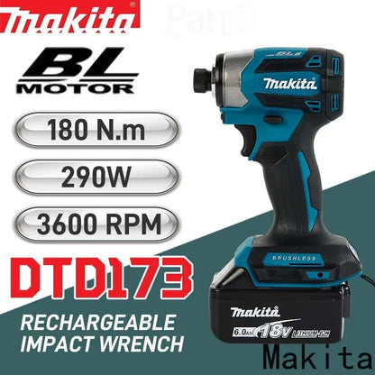Parafusadeira de Impacto sem Fio Makita 18V LXT DTD173 Motor Brushless Furadeira Elétrica Parafusadeira Modo Madeira/Parafuso T1/T2 Luz LED Dupla 180 N·m