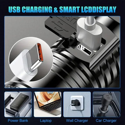 High Strong Power Led Flashlights Rechargeable Tactical Torch Safety Emergency Light for Outdoor Camping Fishing Working Zoom