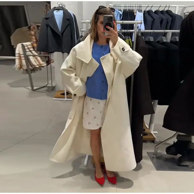 Stand Collar Single Breasted Split Long Coat Women Oversize Elegant Long Sleeve 2025 Autumn Female Outerwear Office Overcoat