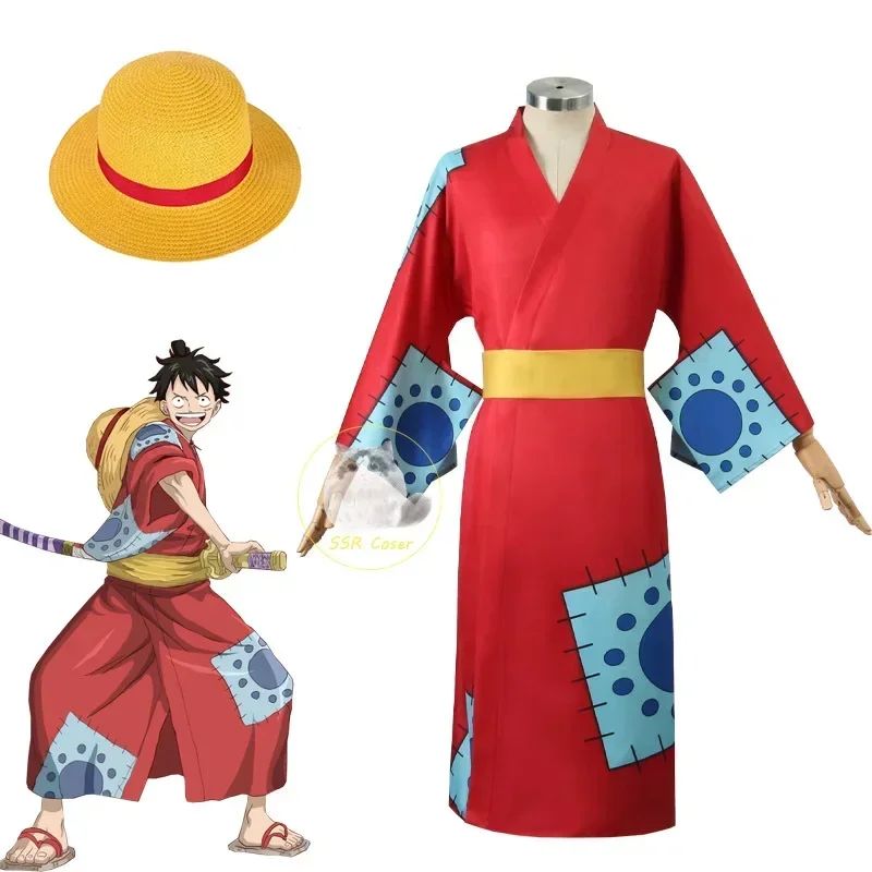 Anime Luffy Cosplay Costume, Wano Country Monkey Cosplay Kimono pour hommes adultes chapeau cardigan rouge, olympiques Halloween