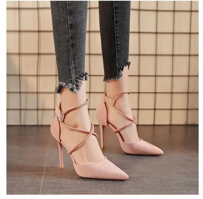 2024 New Cross-strap Roman Sandals Suede High Heels Women's Shoes One-line Buckle Fine Heel Pointed Sandals Zapatos De Mujer