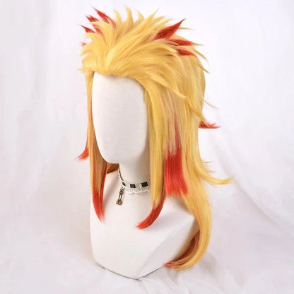 Peruca Cosplay de Demon Slayer Rengoku Kyoujurou Anime Kimetsu No Yaiba Peruca Cosplay Mista de Dourado e Vermelho Sintética Peruca de Cabelo Resistente ao Calor