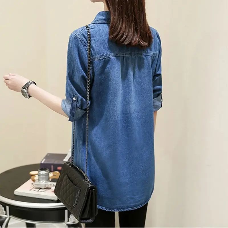 Loose Women's Denim Shirt Long Sleeve Mid-Length Slim Fit plus Size Spring Autumn New Style Student Outerwear Casual Shirt