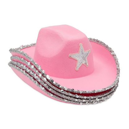 Pink Cowgirl Hat with Sparkling Sequins Trim for Halloween Dress Up Cosplay Party Supplies Costume Accessories
