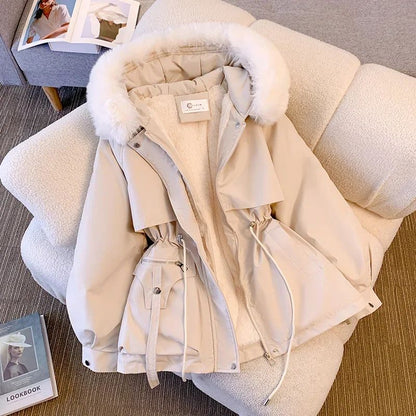 New Women's Cotton-Padded Plush Warm Coat 2024 Autumn Winter Parkas Coat Women's Long Sleeve Zipper Hooded Drawstring Parkas