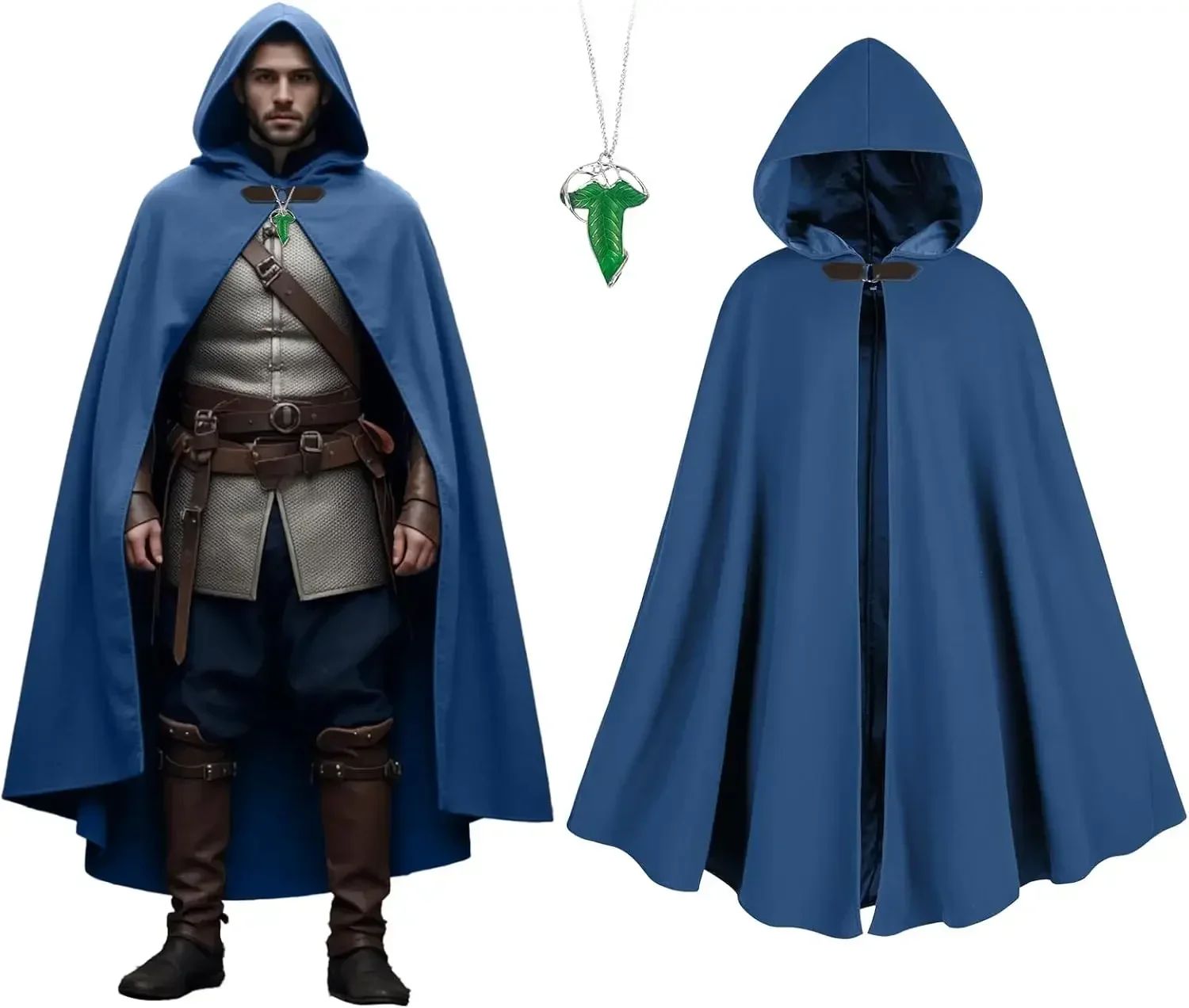 Cloak with Hood Men?Medieval Costume Men Round Metal Buckle Cloak with Green Leaf Brooch Necklace for Halloween
