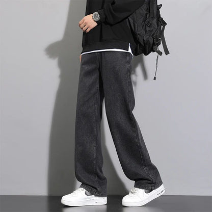 2025 Calças Jeans Casuais Masculinas Coreanas Novas Retas Longas Perna Larga Jeans Cor Sólida Azul Claro Cinza Preto