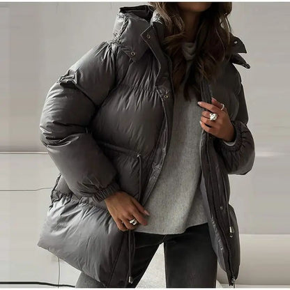 Glossy Shiny Women 's Down Jackets Vintage Hooded Zipper Puffer Full Sleeve Jackets For Woman 2025 Woman Winter Coats Outwears