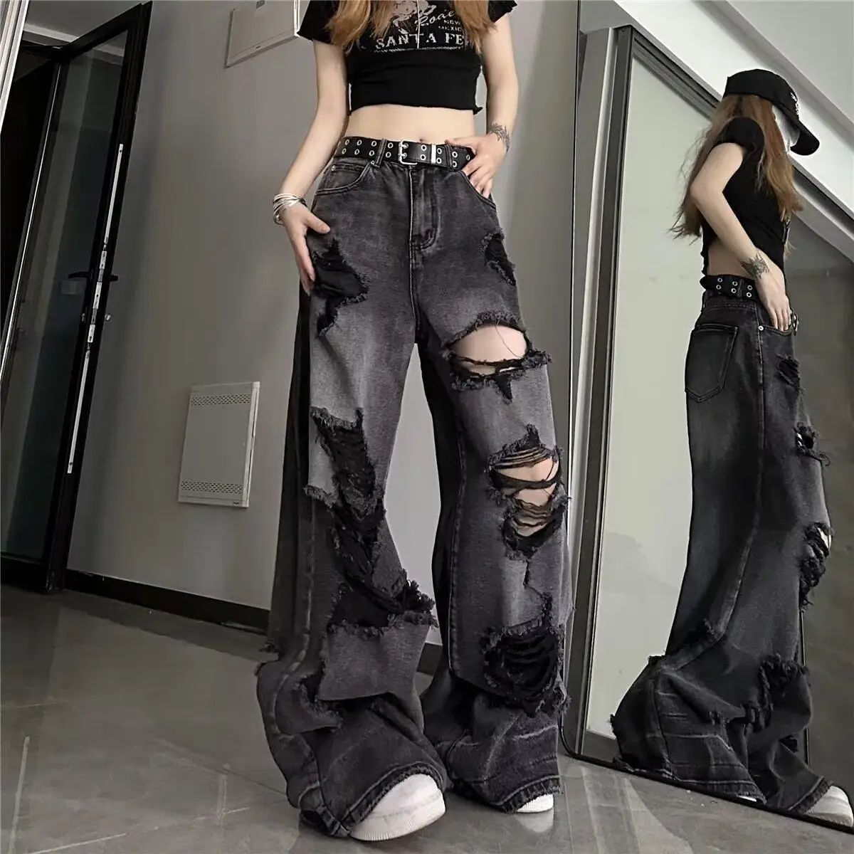 Unique Cool Ripped Jeans Women's Summer Distressed American Style Bell Bottoms Loose Fit Versatile Straight Leg Long Pants