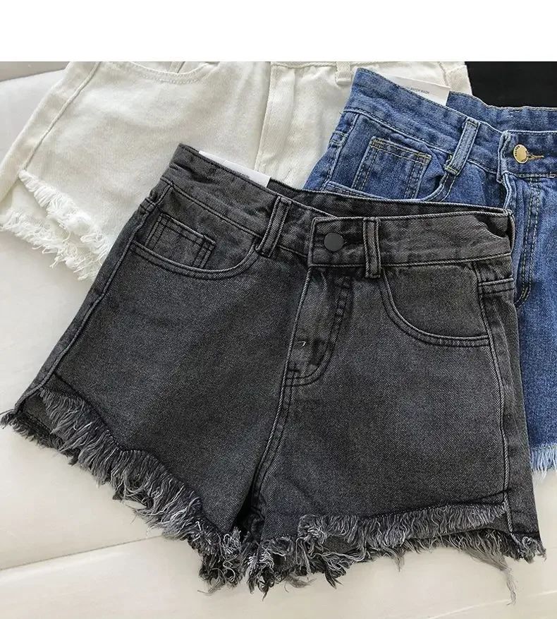 2025 New Summer Women High Wiast Raw Hem Denim Shorts Soild White Black Blue Korean Wide Leg Pants Mon Shorts  Jean Shorts