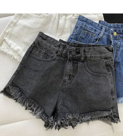 2025 New Summer Women High Wiast Raw Hem Denim Shorts Soild White Black Blue Korean Wide Leg Pants Mon Shorts  Jean Shorts