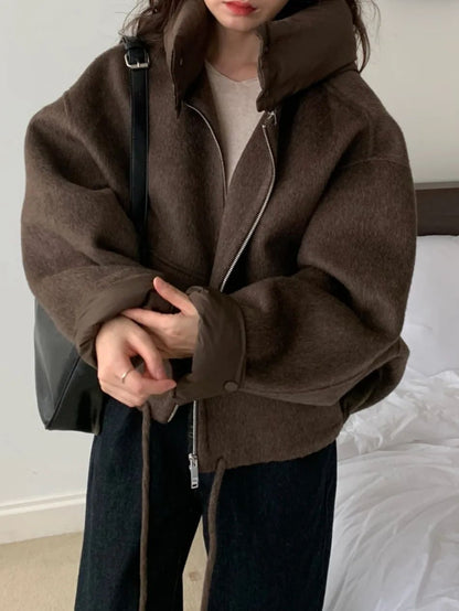 New Coats and Jackets Autumn Winter New Elegant Hooded Detachable Lace Up Short Woolen Coat Korean Fashion Casual Loose Jackets