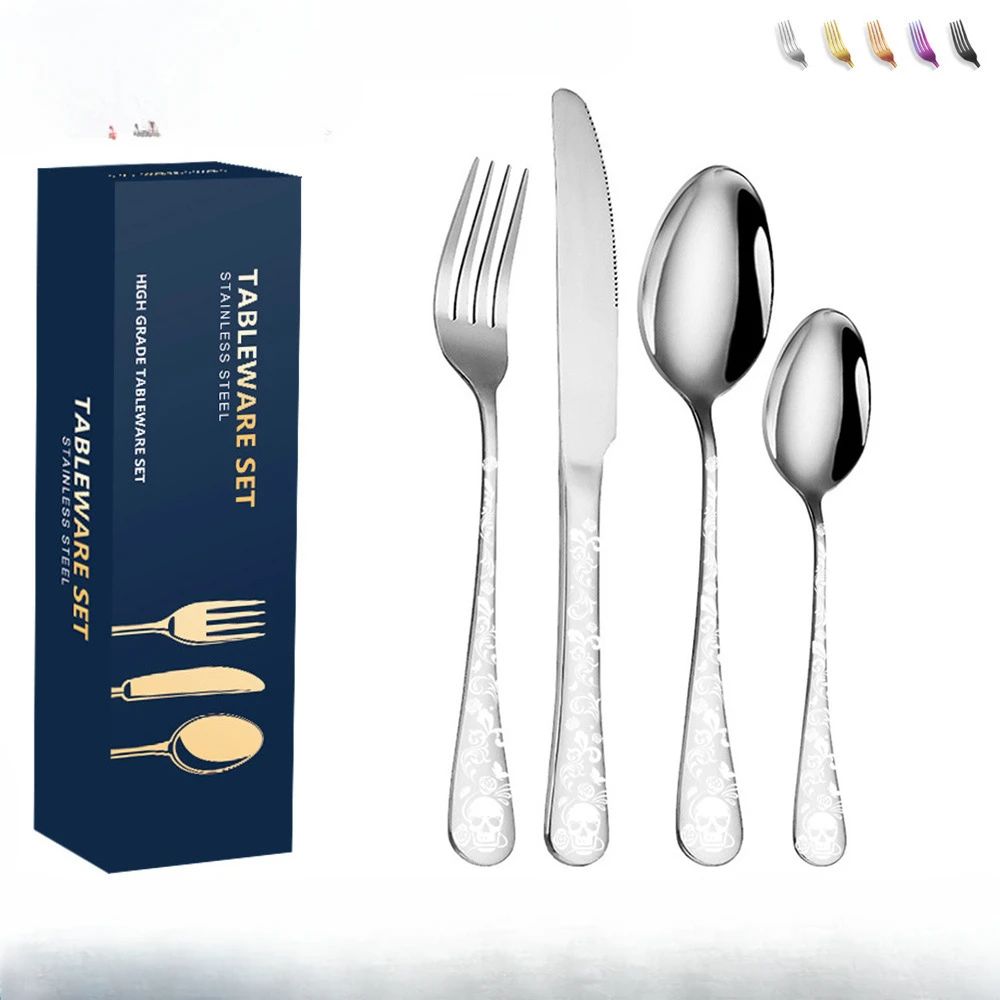 Presentes de Halloween Conjunto de talheres de aço inoxidável com caveira moderno Garfo e colher Conjunto de 4 peças Garfos de cozinha portáteis e