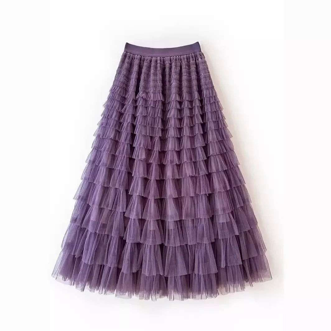 HOT Solid Multilayer Ruffle Mesh Skirt Women Boho High Waist Long Maxi Tulle Skirt Spring Summer Party Women's Clothing