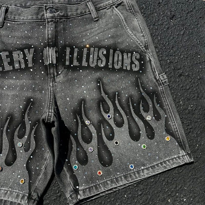 Goth Print Silk Jeans Men Shorts Street Harajuku Hiphop Vintage High Waited Denim Shorts of Men Clothing Casual Loose Pants Mens