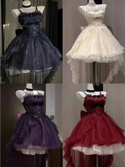 Gothic Y2k Sling Dress Women Harajuku Retro Tulle Ruffles Trim Christmas Party Outfit Grunge Aesthetic Sleeveless Elegant Wear
