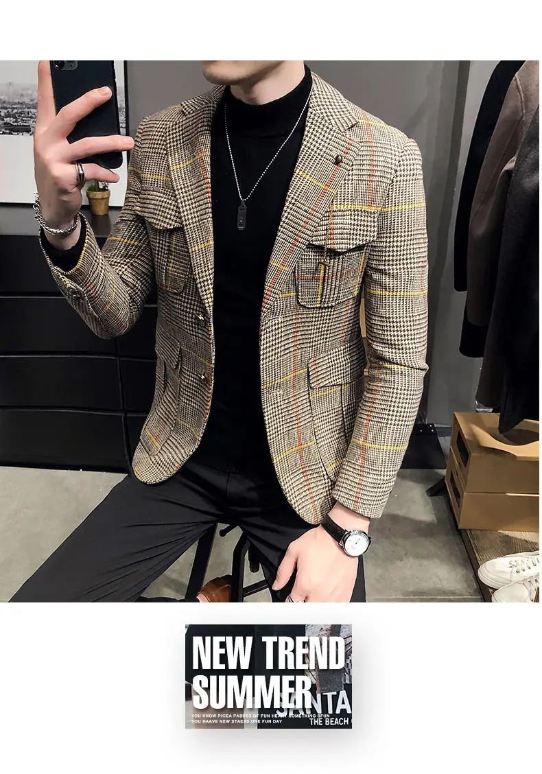 Spring plaid men's jacket British style wedding host business casual suit jacket men's formal  mens blazer Slim fit jacket