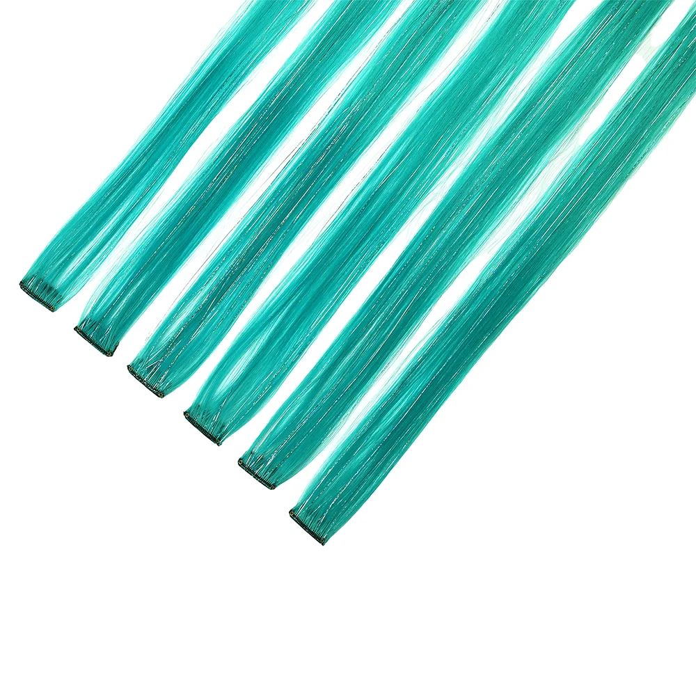 Extensões de Cabelo Sintéticas Rosa Choque com 6 Clipes, Mechas Metálicas, Extensões Coloridas de 55cm, Cabelo Arco-Íris 2 em 1