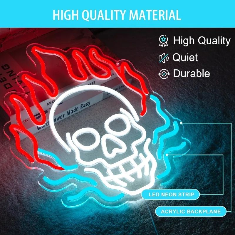 Paredes de Neon Chama de Crânio Decoradas com LEDs de Halloween Reguláveis, Alimentadas por USB, Decorações de Festa de Halloween para Caverna Masculina, Bar, Clube, Sala de Jogos