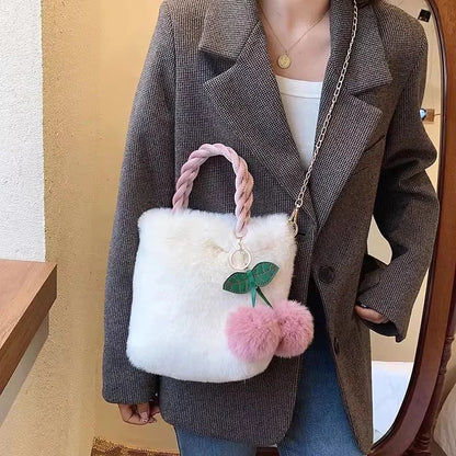 Faux Fur Crossbody Bags for Women Plush Small Purses and Handbag with Pompom Cherry Fluffy String Shoulder Bag Girl Clutch Purse