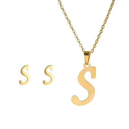 Conjunto Feminino de Colar e Brincos de Aço Inoxidável com Letra Inicial do Alfabeto A-Z - Joias Personalizadas de 26 Letras Inglesas - Presente
