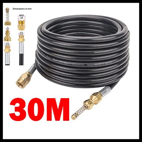Mangueira de alta pressão para lavadora de tubos, cabo de limpeza de água, dreno de esgoto, kit de tubo injetor de esgoto, conector de rosca macho M22 para Kranzle